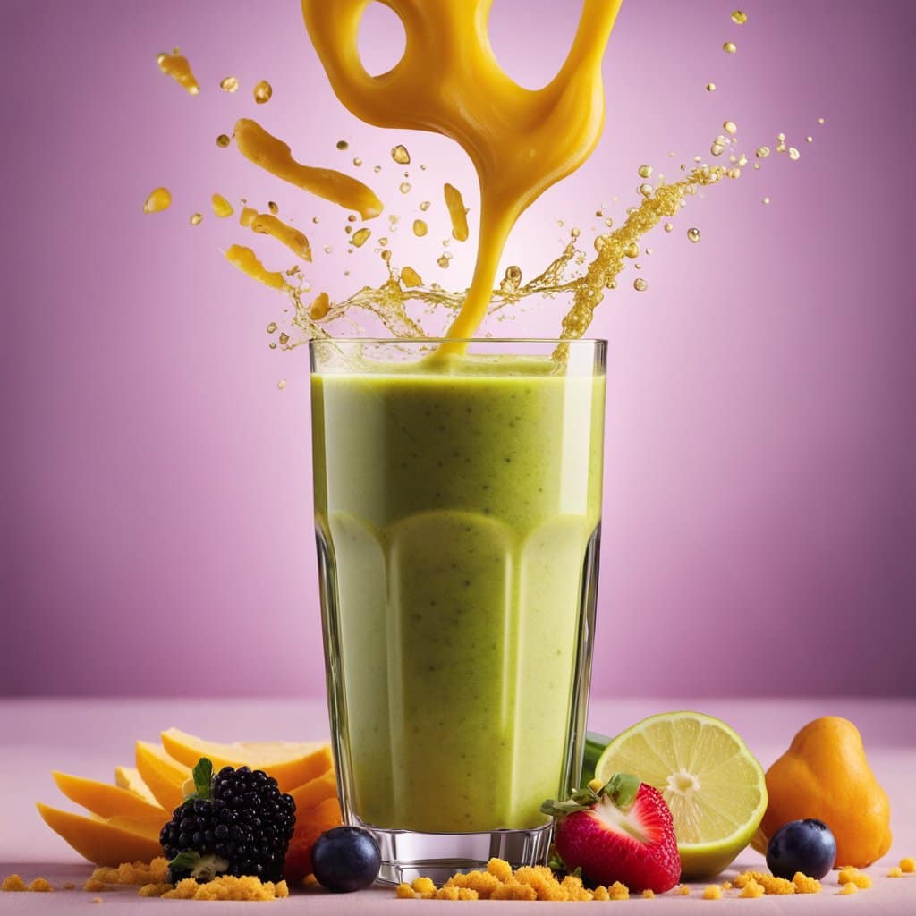 a glass of green smoothie with orange splashing out of it
