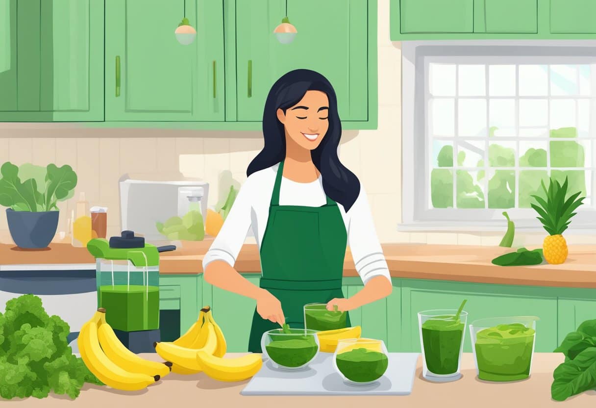 a woman in a kitchen making green smoothies