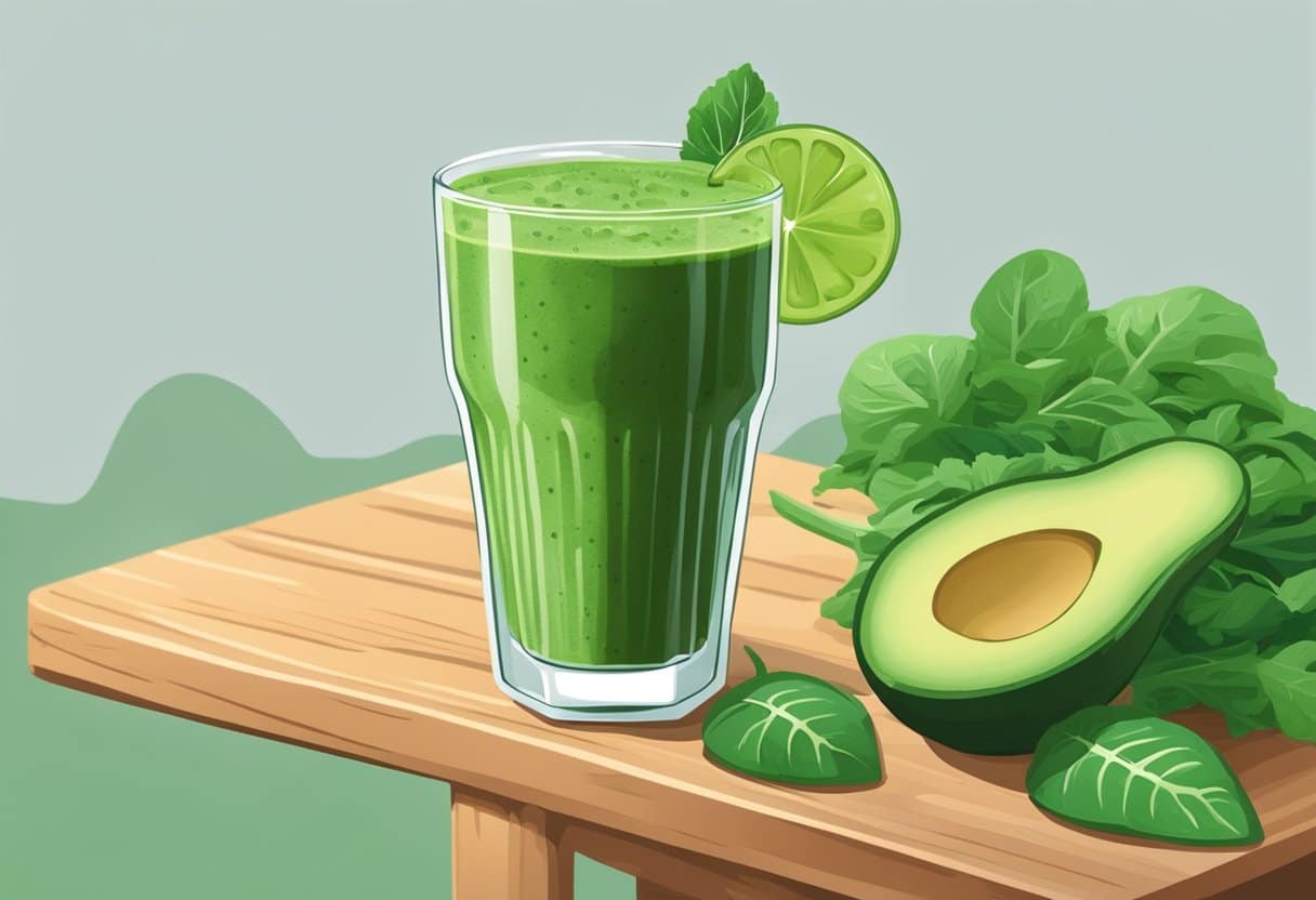 a glass of green smoothie with avocado and lime slices