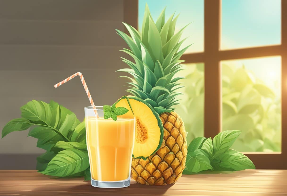 a pineapple and a glass of juice