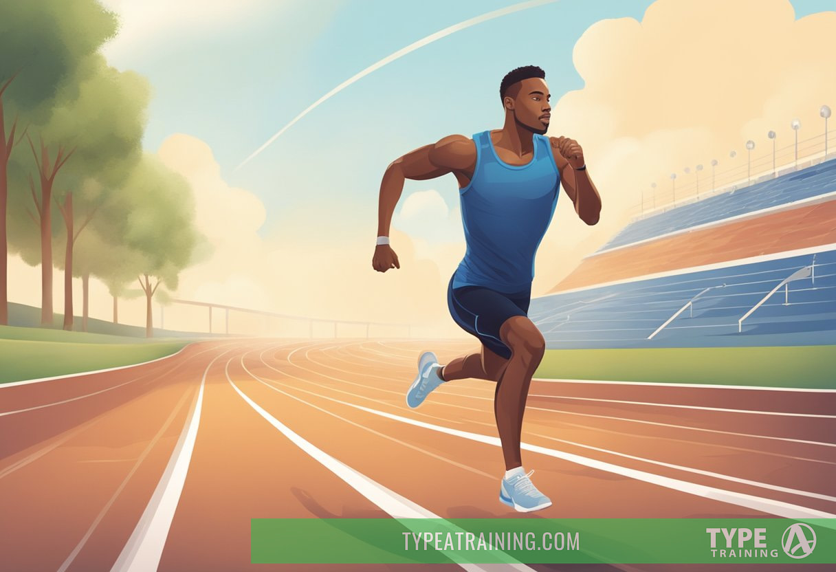 A person is sprinting on a track, with a stopwatch in hand, showing the intensity of HIIT. The person is sweating and breathing heavily, indicating the physical exertion of the exercise