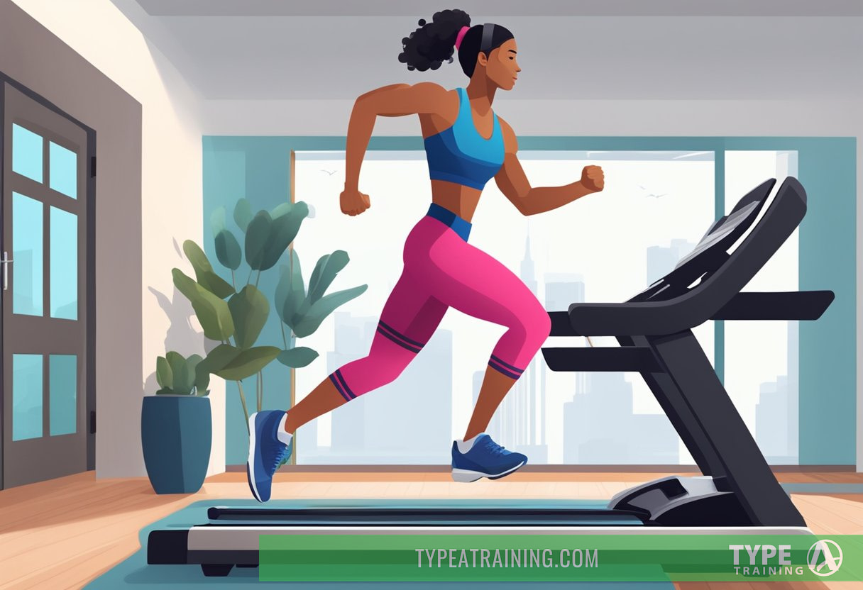 A person is sprinting on a treadmill, then quickly switches to a set of intense weightlifting exercises. The heart rate is elevated and sweat is visible, indicating the high intensity of the workout