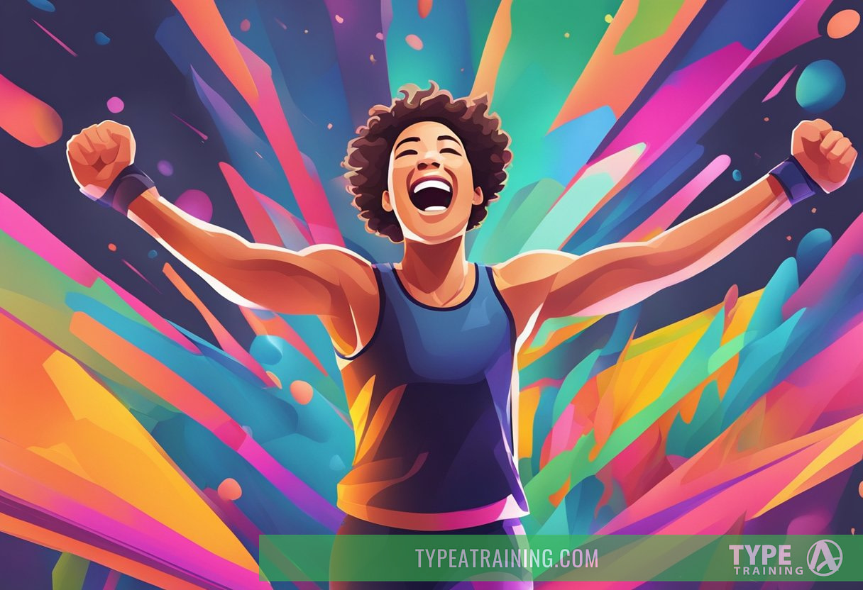 A person feeling energized and happy after completing a HIIT workout, surrounded by vibrant colors and a sense of accomplishment